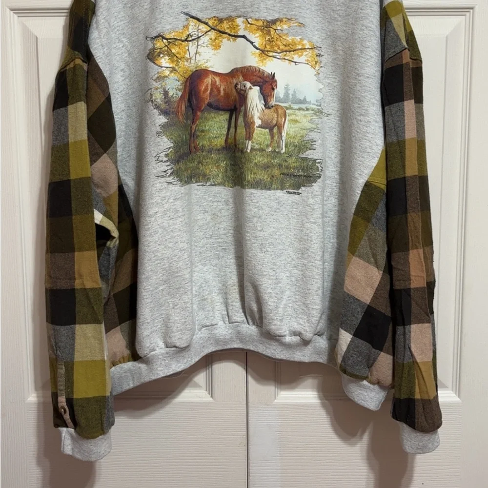 Upcycled Horse Crewneck Sweatshirt with Plaid Sleeves - Picture 2 of 6
